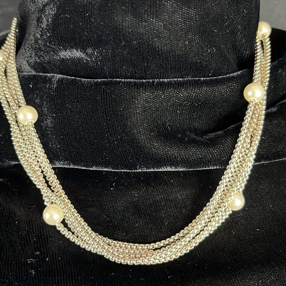 Five Strand Silver Tone Chain Choker w/Pearls - Picture 2 of 10